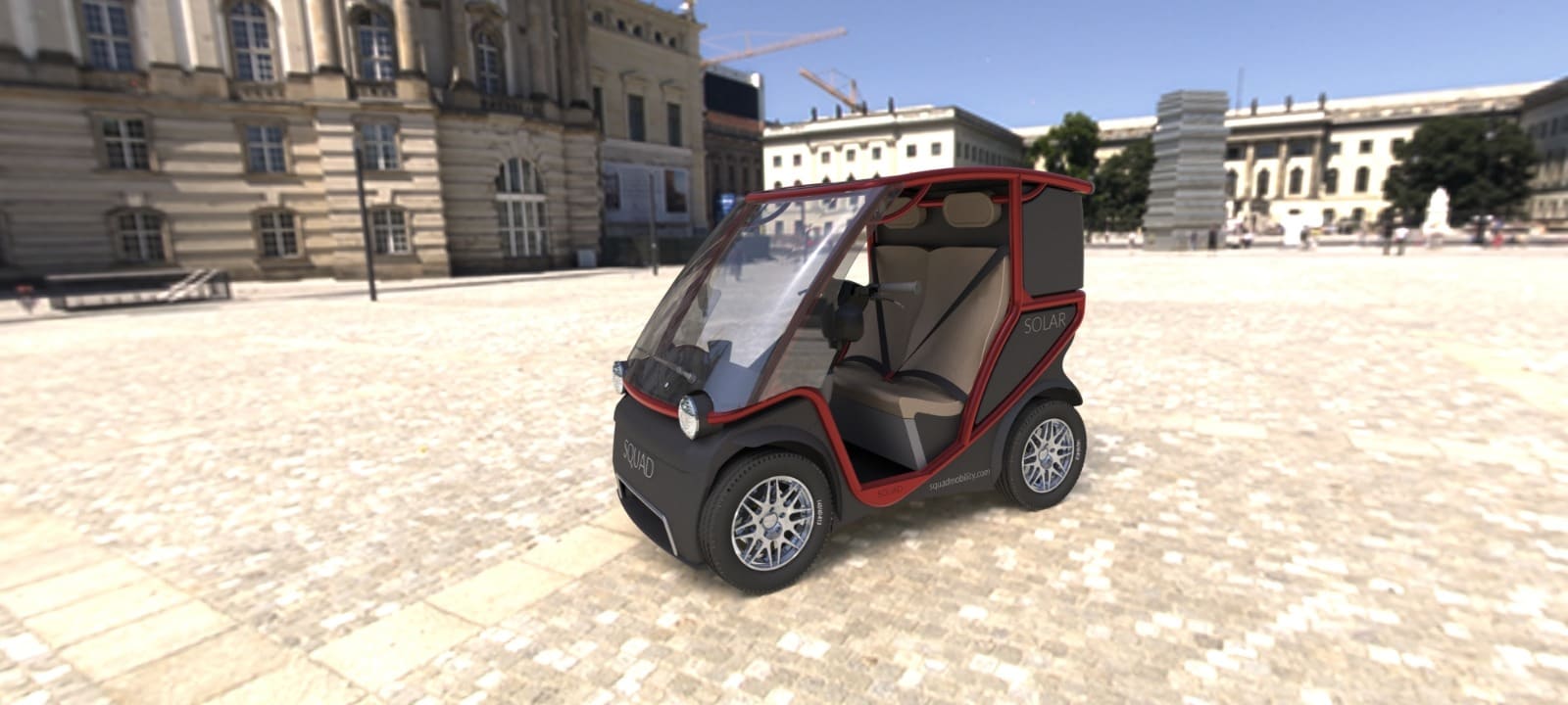 Een prototype van Amsterdamse startup Squad Mobility, een zonneautootje voor in de stad. Tech-gezant Constantijn noemt dit als een veelbelovende uitvinding.