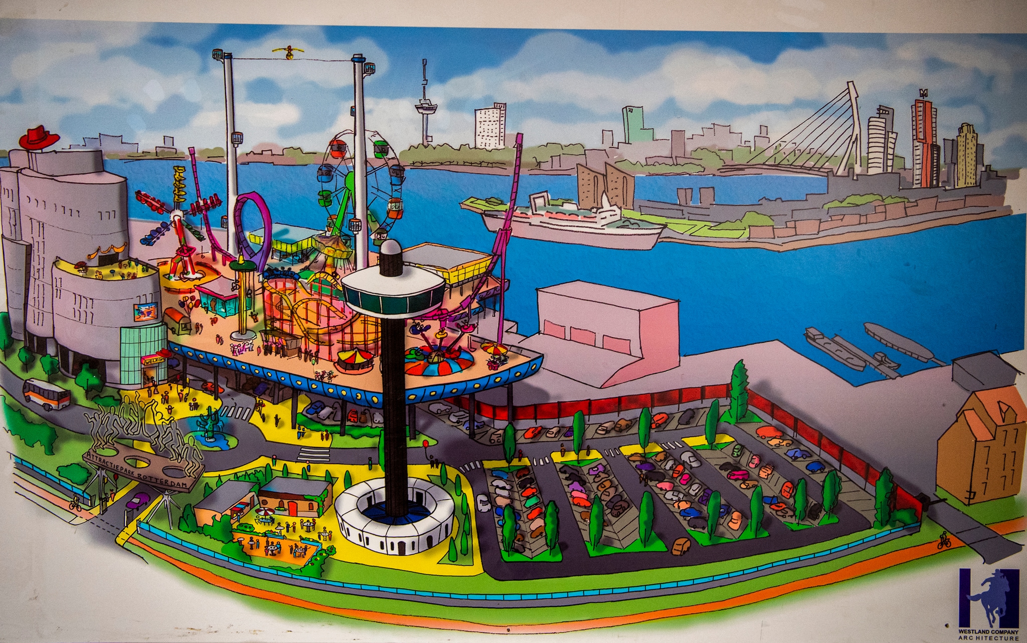 Zo moest het worden: een schets van het pretpark aan de Maashaven. Foto: Frank de Roo Zo moest het worden: een schets van het pretpark aan de Maashaven. Foto: Frank de Roo