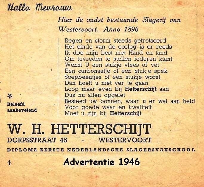 Een advertentie van slagerij Hetterschijt uit 1946. Slagerij Hetterschijt