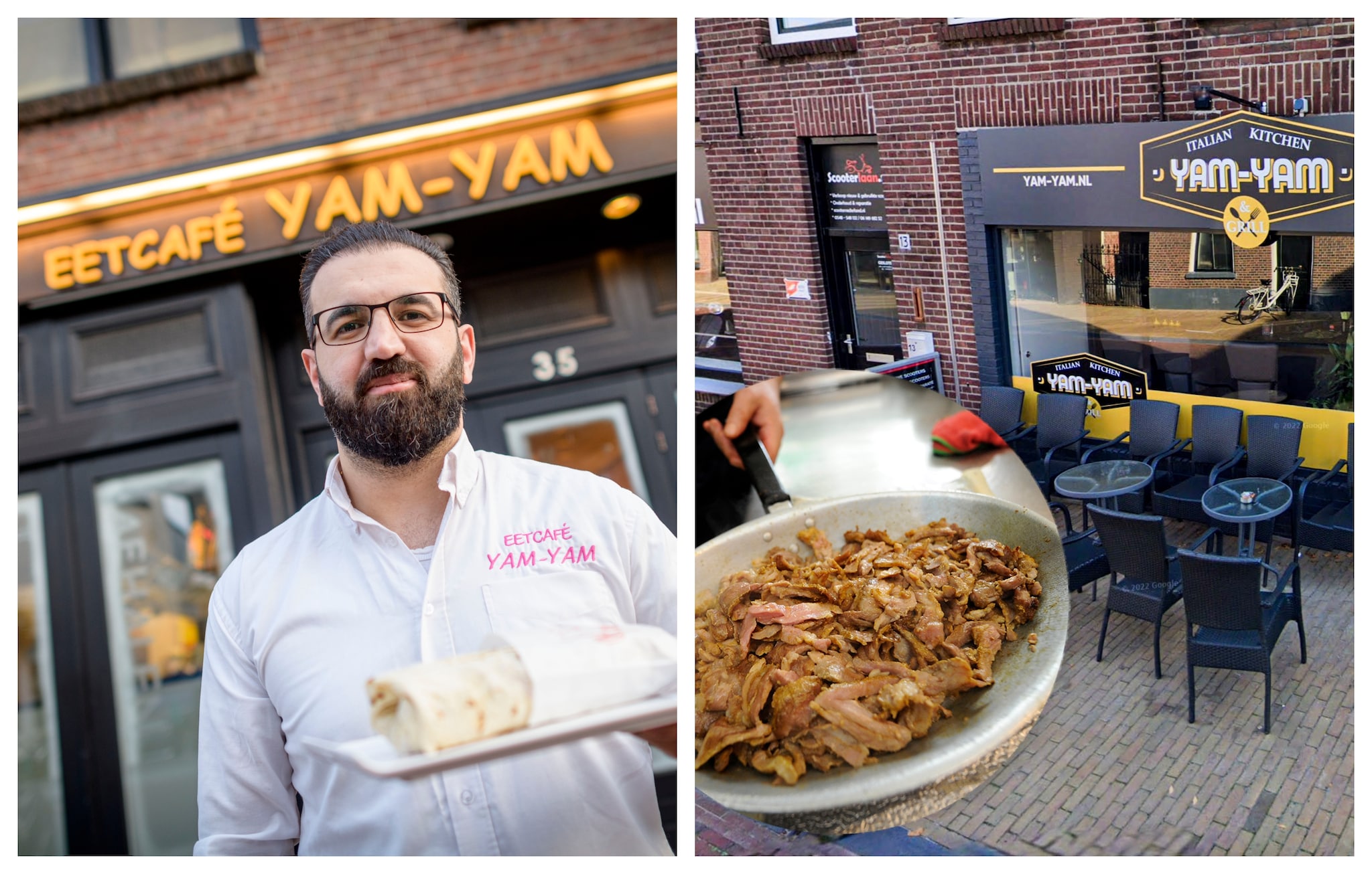 Firas Chamoen van restaurant Yam Yam Hengelo (links). Rechts Yam Yam Rijssen, dat de naam inmiddels heeft gewijzigd. Emiel Muijderman/Google Streetview/Marco de Swart