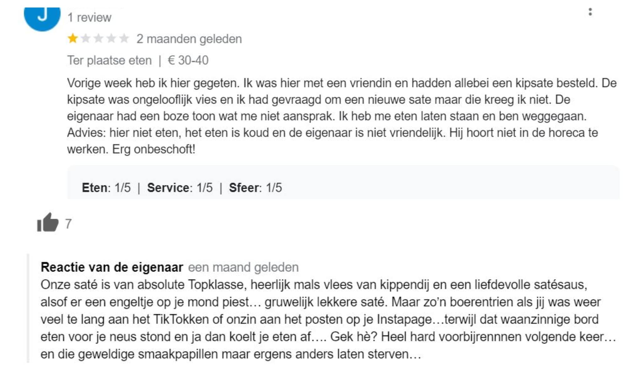 De reactie van Eetcafé de Baron op een review op Google. Google