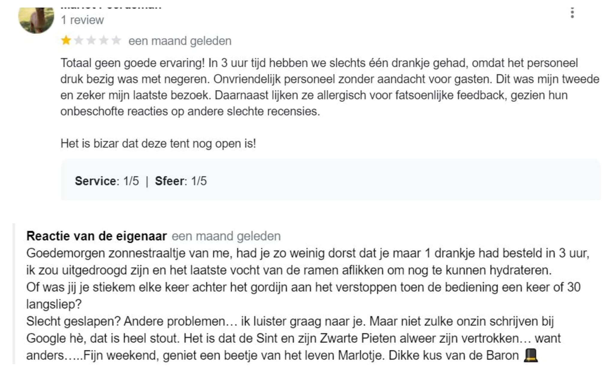 Reactie van Eetcafé de Baron op een review op Google. Google