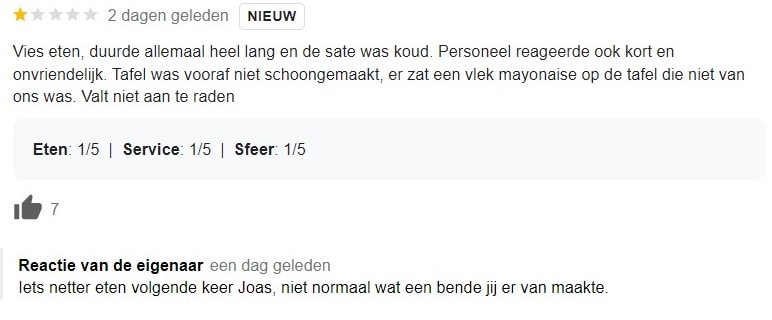 Eigenaar van eetcafé De Baron in Leidsche Rijn gaat met gestrekt been in op negatieve Google reviews. Google