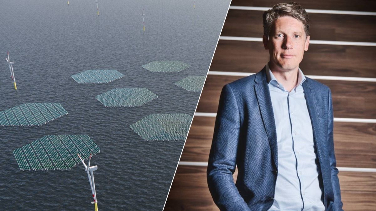 Een artists impression van een zonnepark op zee, tussen de windmolens / Koen Burgers, ceo van SolarDuck. Foto: SolarDuck