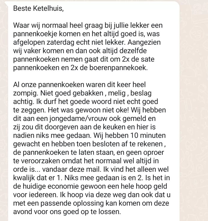 Een 'bedelbrief' die restaurant Het Ketelhuis kreeg. Foto: archief.