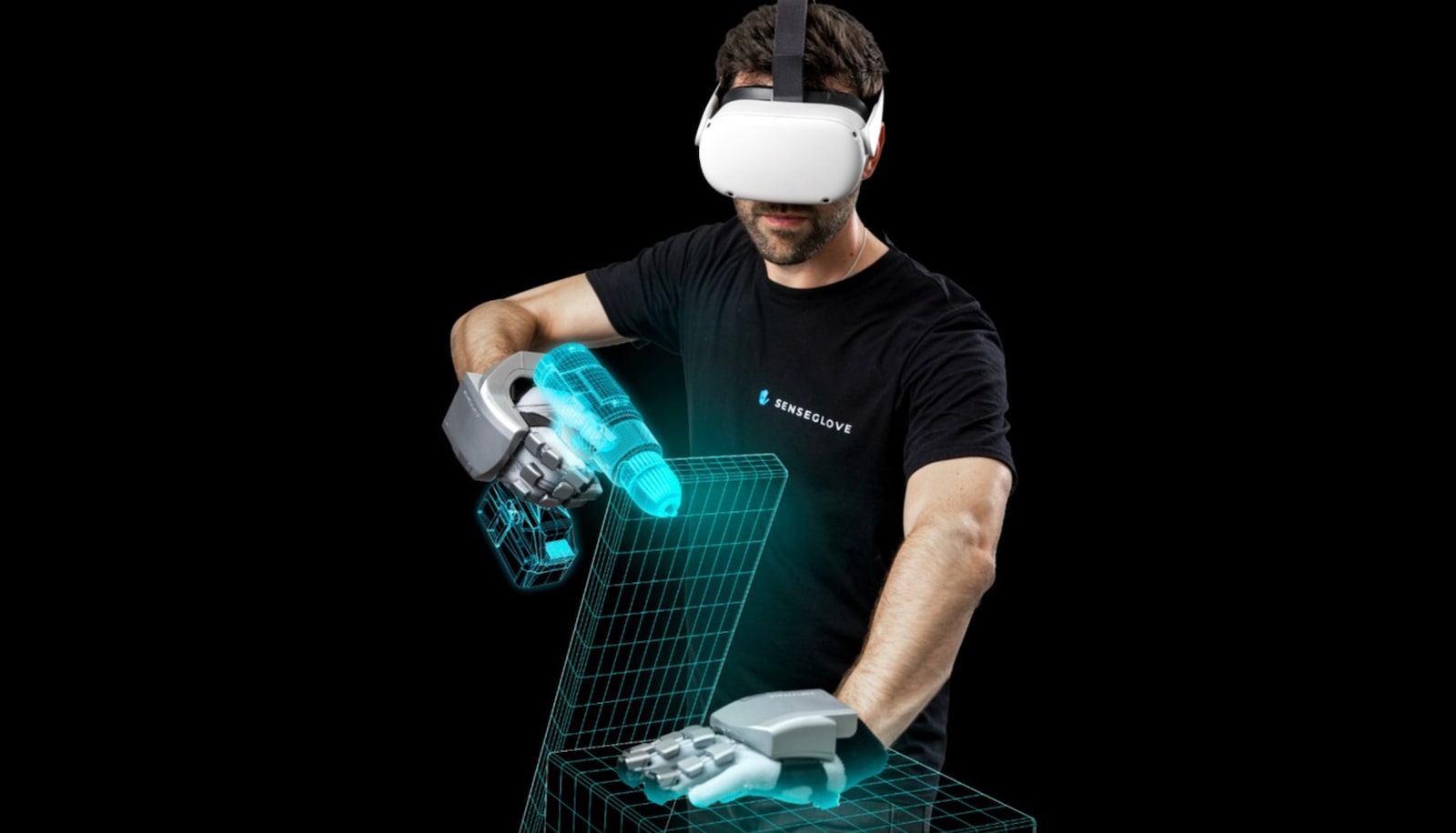 Een handschoen van SenseGlove laat de gebruiker een virtuele boormachine voelen. Beeld: SenseGlove