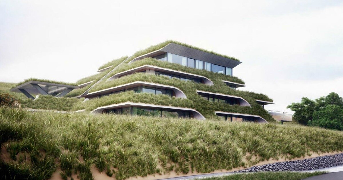 Een van de eco-hotels in ons land: verborgen in het hoogste duin van Zoutelande ligt het nieuwe Duinhotel Tien Torens. Het moderne en duurzame ontwerp gaat op in het duinlandschap, je ziet voornamelijk helmgras. Het zand en de beplanting zorgen voor koelte in de zomer en warmte in de winter.