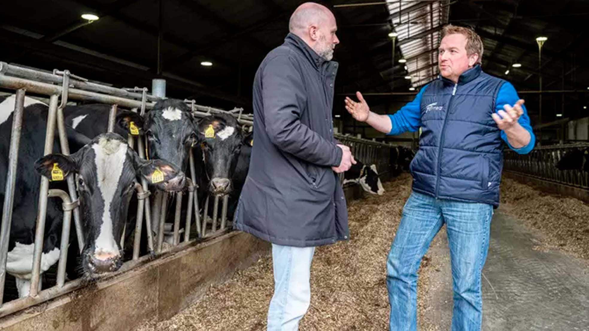Boer Rudie te Selle (r) spreekt in zijn stal met D66-politicus Stan Hellegers: ,,De hele problematiek wegdrukken heeft geen zin.’’ Foto: AD/Koen Verheijden