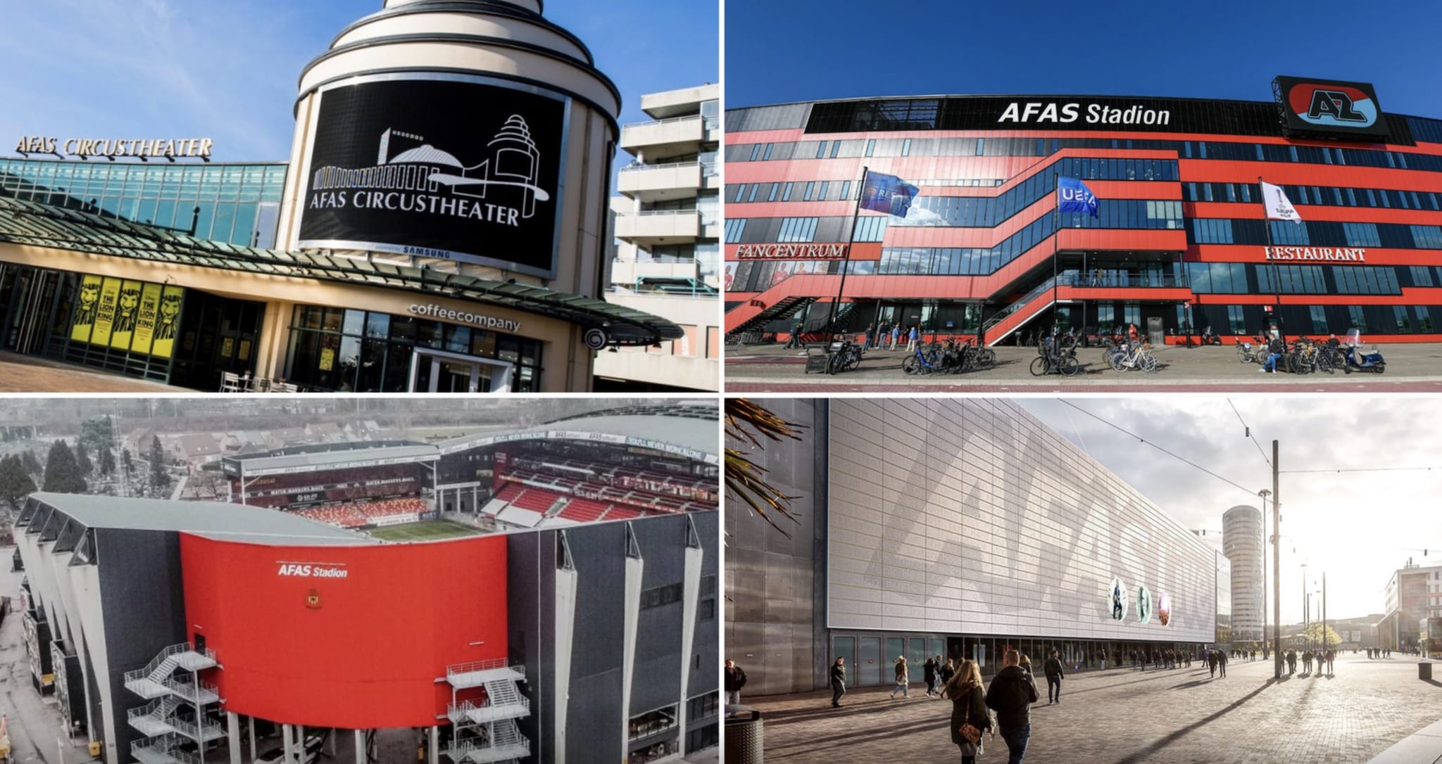 De ‘grote vier’ sponsorschappen van softwarebedrijf AFAS: het Circustheater in Scheveningen, het AZ stadion in Alkmaar, het AFAS-stadion in Mechelen (België) en AFAS Live in Amsterdam. Beeld: AD