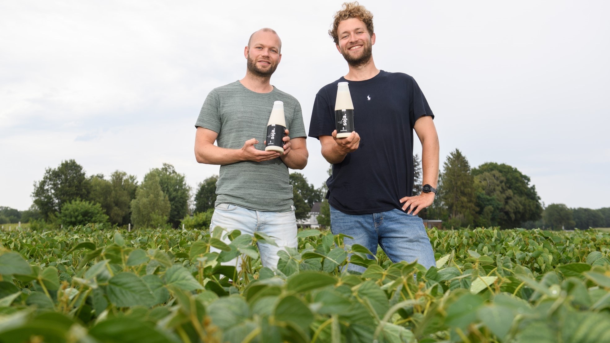 Bart (links) en Tom Grobben verbouwen sojabonen op drie hectare grond, nabij Het Rutbeek. Foto: Lars Smook