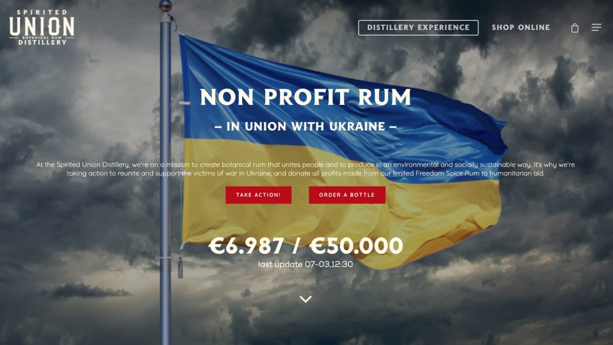 De actiewebsite van Spirited Union bevat een teller van gedoneerde winst.