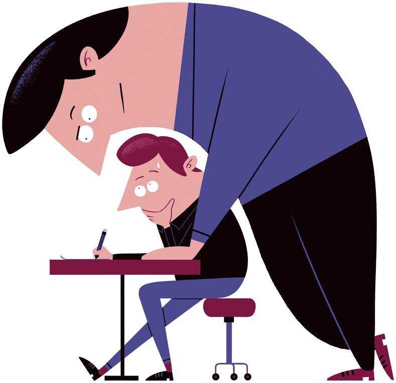 ,,Het is natuurlijk spannend: oefeningen doen terwijl iemand op je let." Illustratie: Nozzman