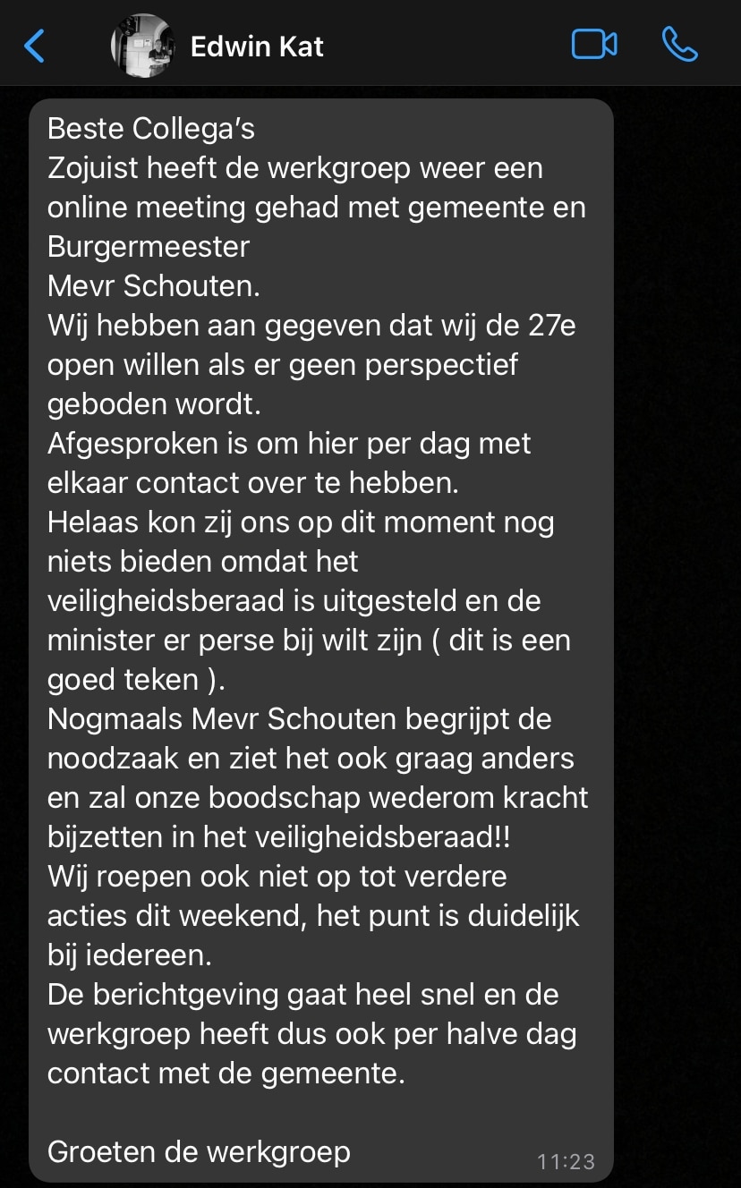 Om protestacties op eigen initiatief te voorkomen, stuurde Werkroep Horeca Alkmaar eerder bovenstaand bericht uit richting de aangesloten horecaondernemers.