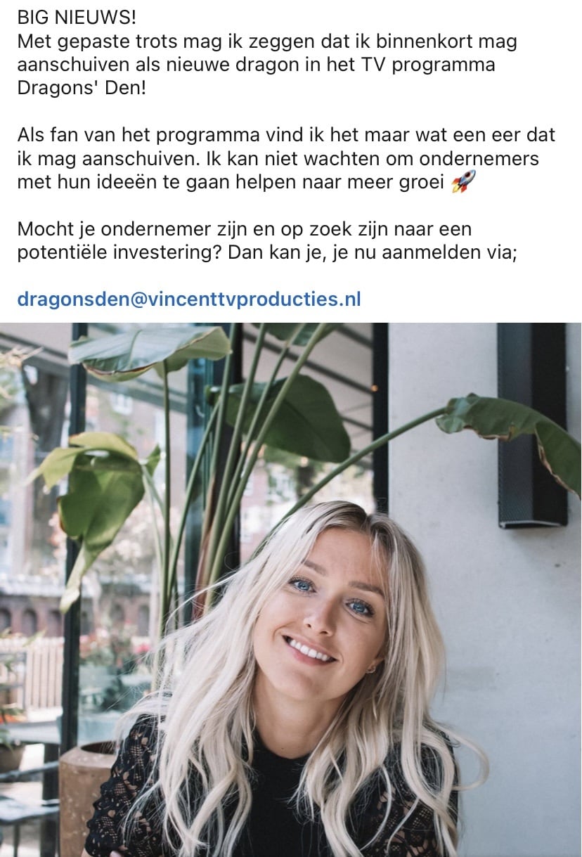 Dit bericht postte de nieuwe dragon Manon van Essen vanochtend op haar LinkedIn-account.
