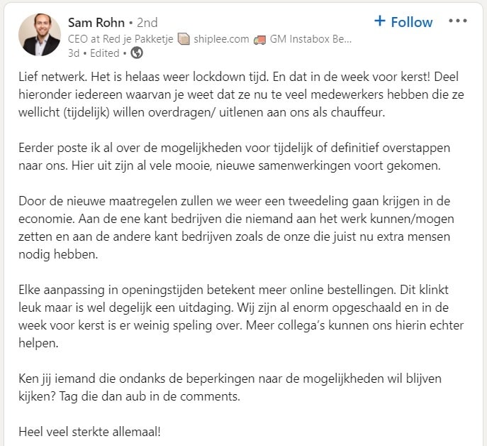 De post die Sam Rohn als ceo van Red Je pakketje maandag op LinkedIn postte.