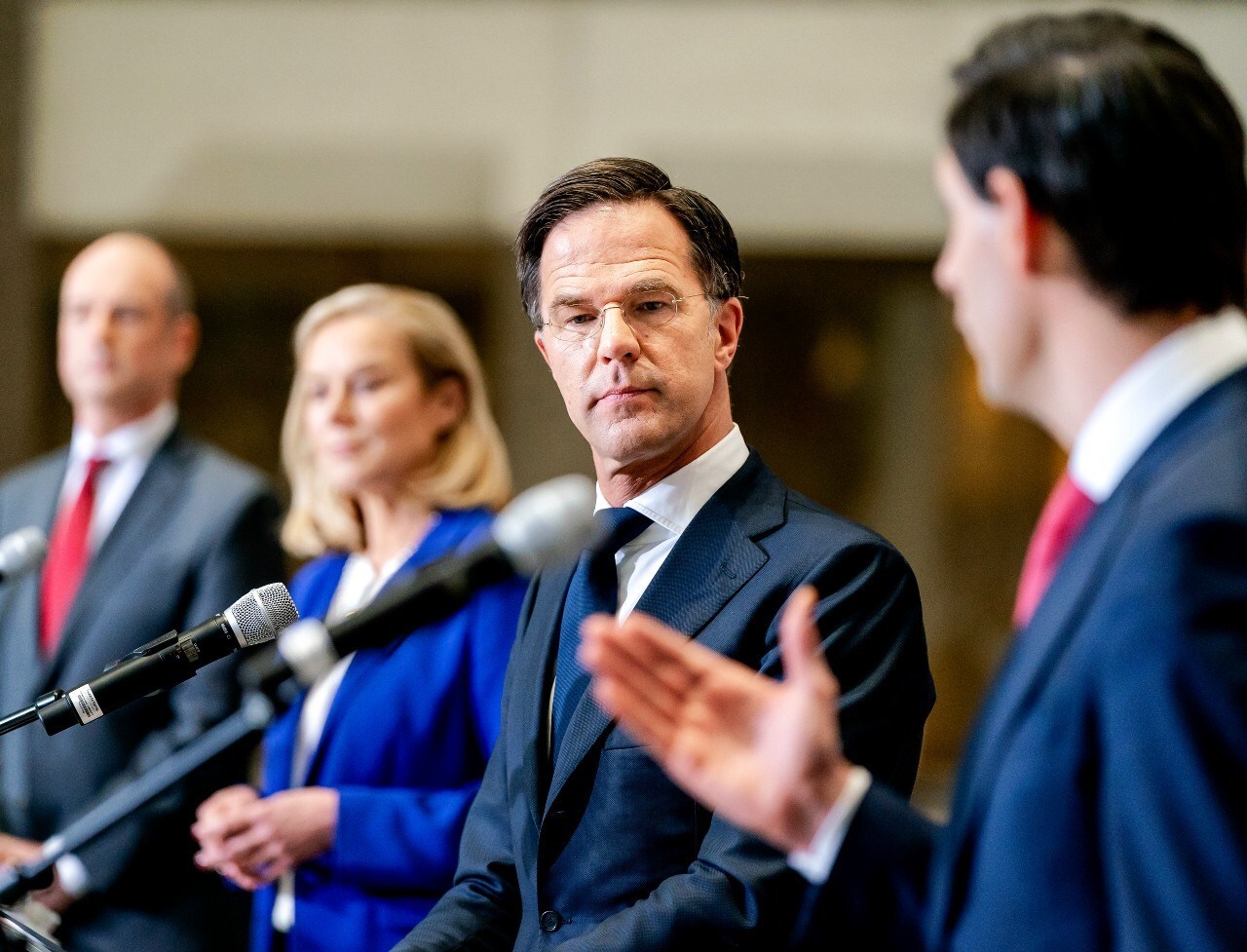 De informateurs eerder woensdag tijdens de presentatie van het regeerakkoord. Foto: ANP