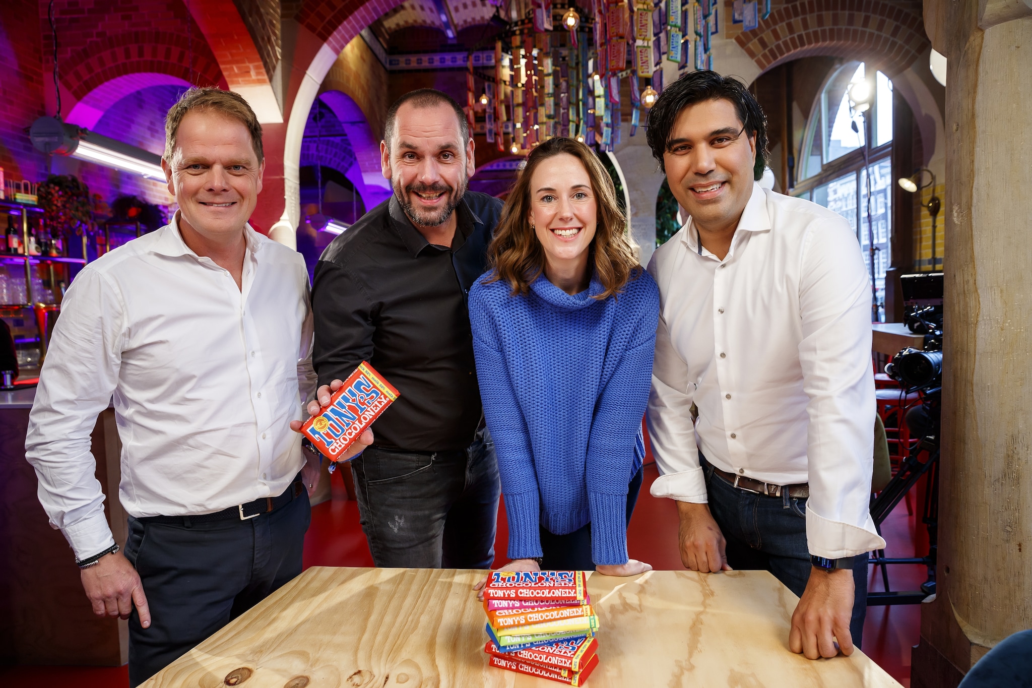 V.l.n.r. Pascal Baltussen, Henk Jan Beltman, Jo Lane en Jan Huij van Tony's Chocolonely. Foto: Bart Heemsker.