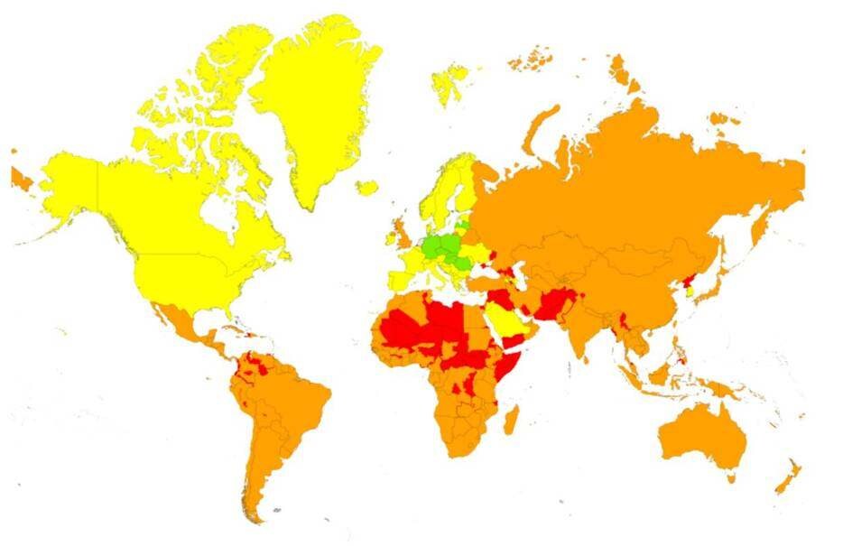 Wereldkaart met kleurcodes per land. De kaart geeft de situatie weer van 2 september. Afbeelding: RIVM/Ministeries van VWS en Buitenlandse Zaken.