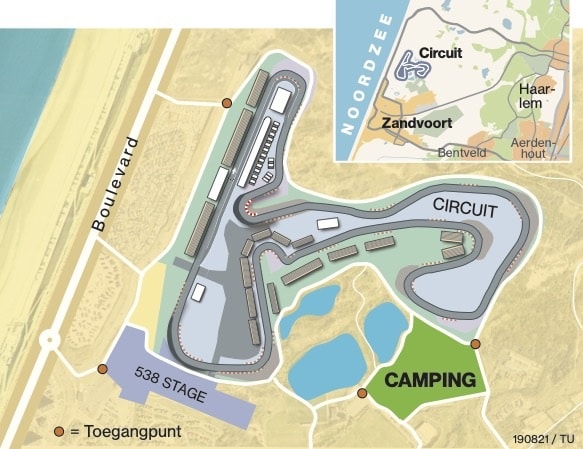 Een overzichtskaartje van het circuit in Zandvoort en de nabijgelegen camping. Foto: AD