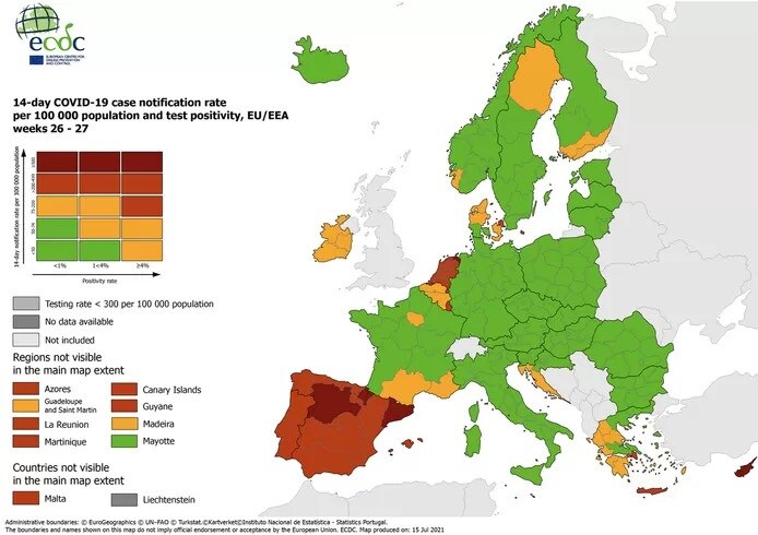 De meest recente coronakaart van de Europese gezondheidsdienst ECDC.