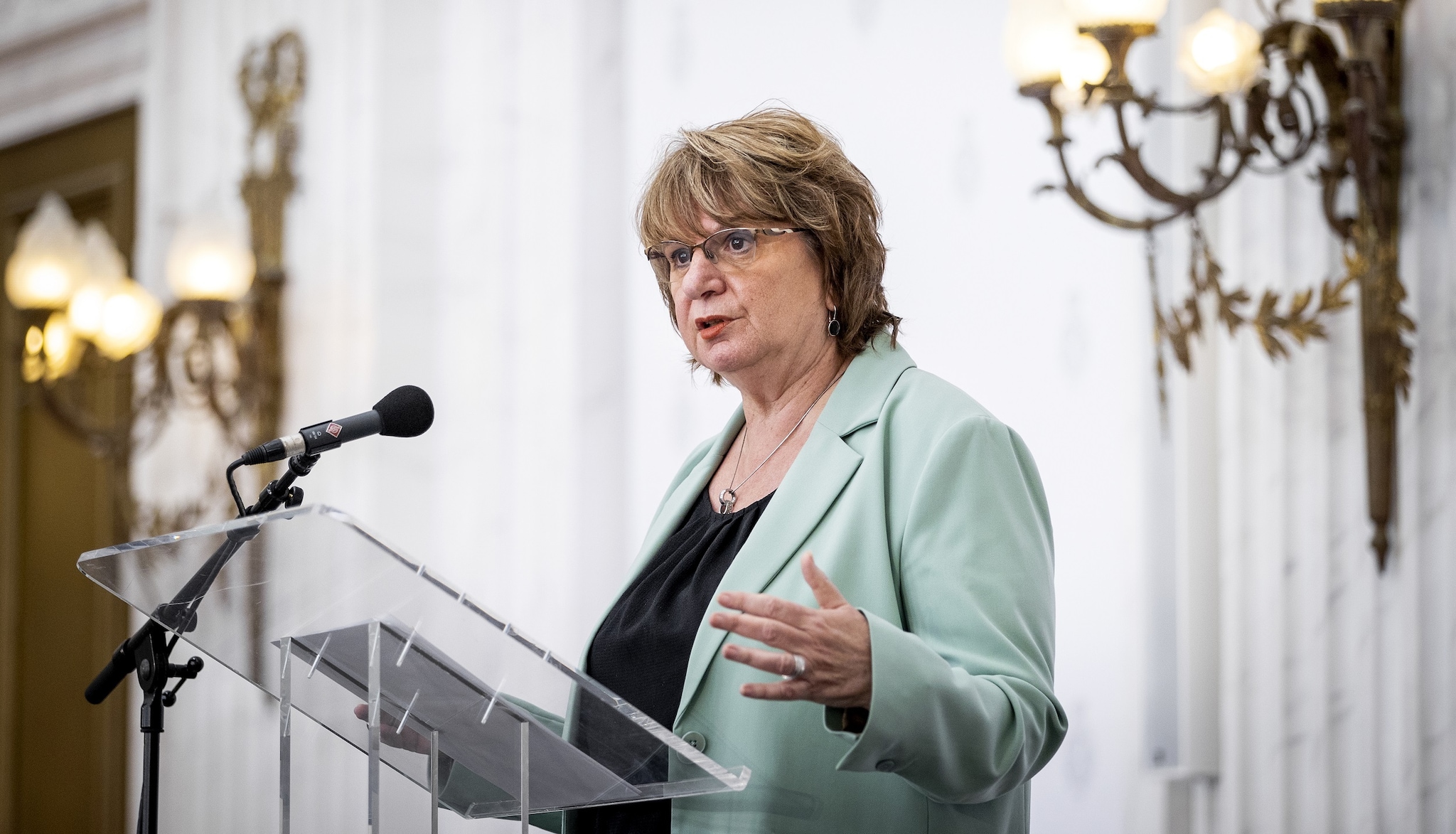 Informateur Mariette Hamer tijdens een persconferentie in de Oude Zaal van het Tweede Kamergebouw. Foto: ANP