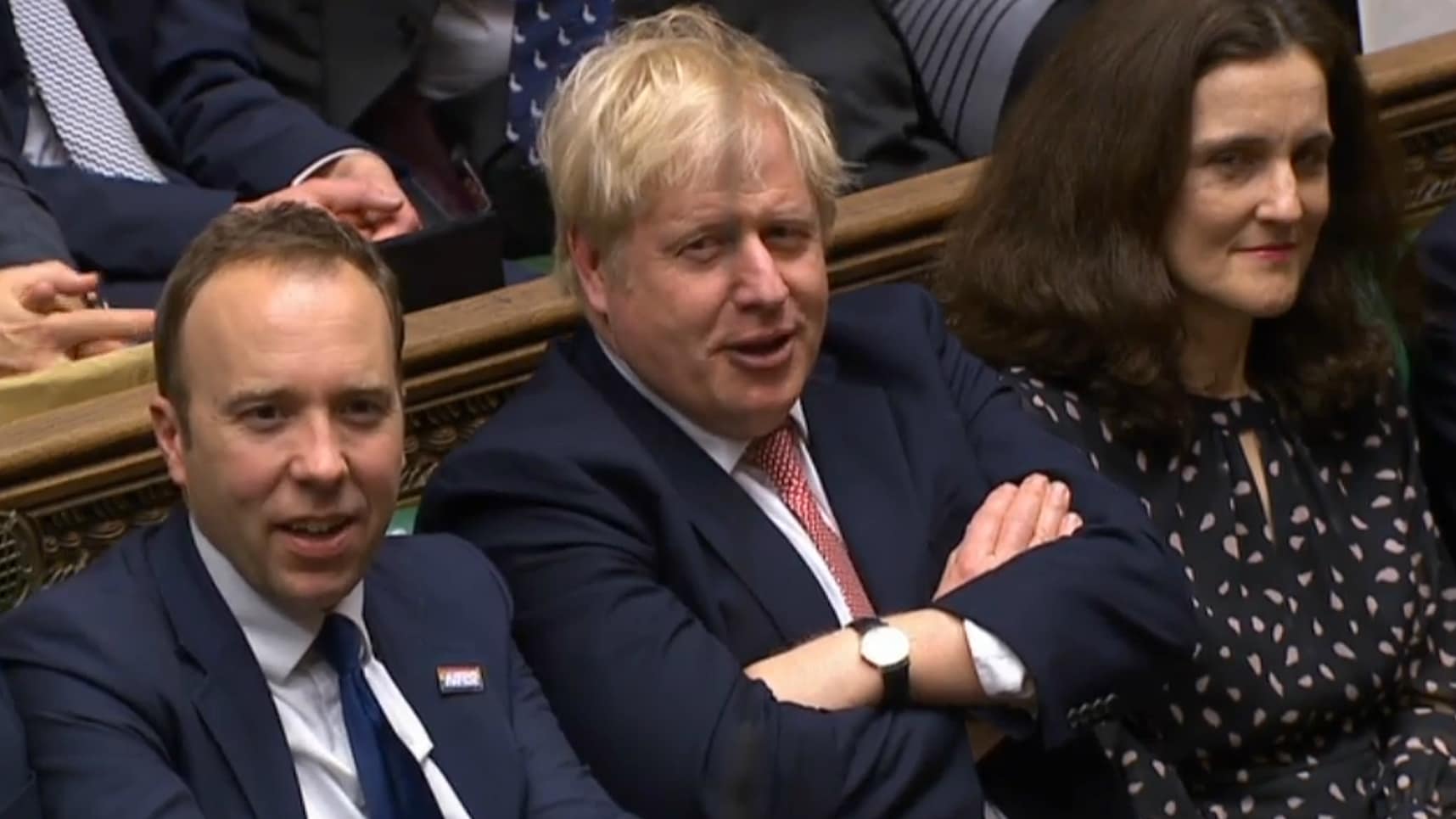 Hij zat er ditmaal relaxed bij, Boris Johnson tijdens het laatste debat over de Brexitwet in 'zijn' Lagerhuis. Foto: ANP.