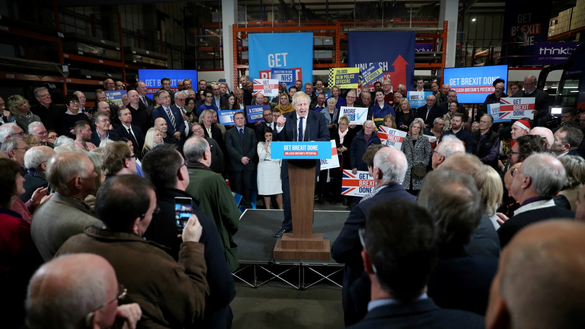 Boris Johnson op een van zijn partijbijeenkomsten, hier in Colchester.