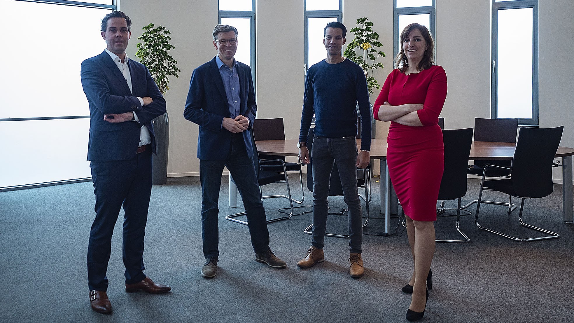 De genomineerden voor de AANtWERK award: v.l.n.r.: Bart Zegers (Wiltec), Eric Rath, (Fluidwell), Marcel Linders (Intrapost) en Marith Bloem (Hendriks SGR). (Foto: Mark Litjens)