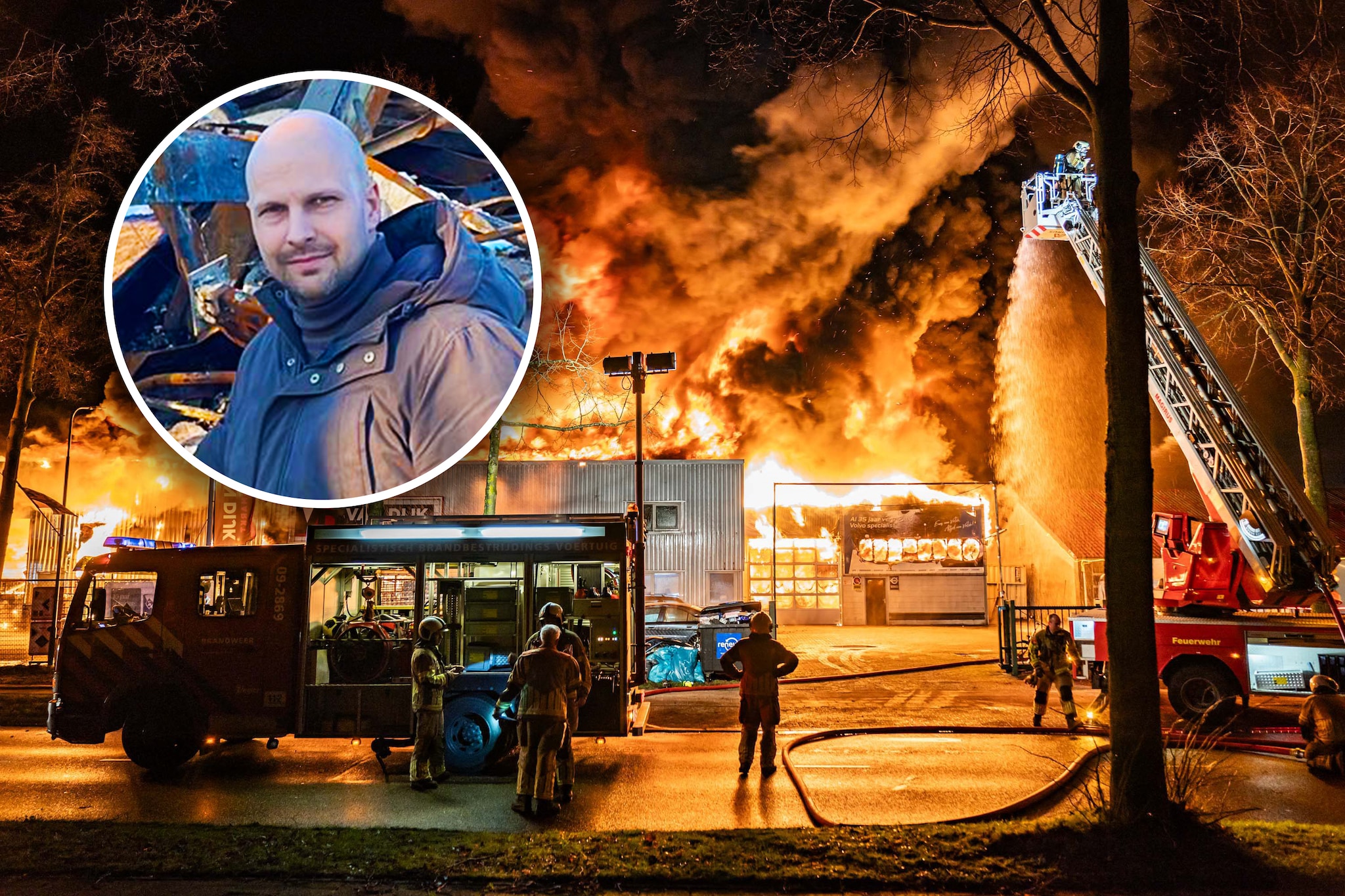 De brandweer blust bij de klusmarkt van Cor van Dijk in Driebergen, 30 december vorig jaar. ANP