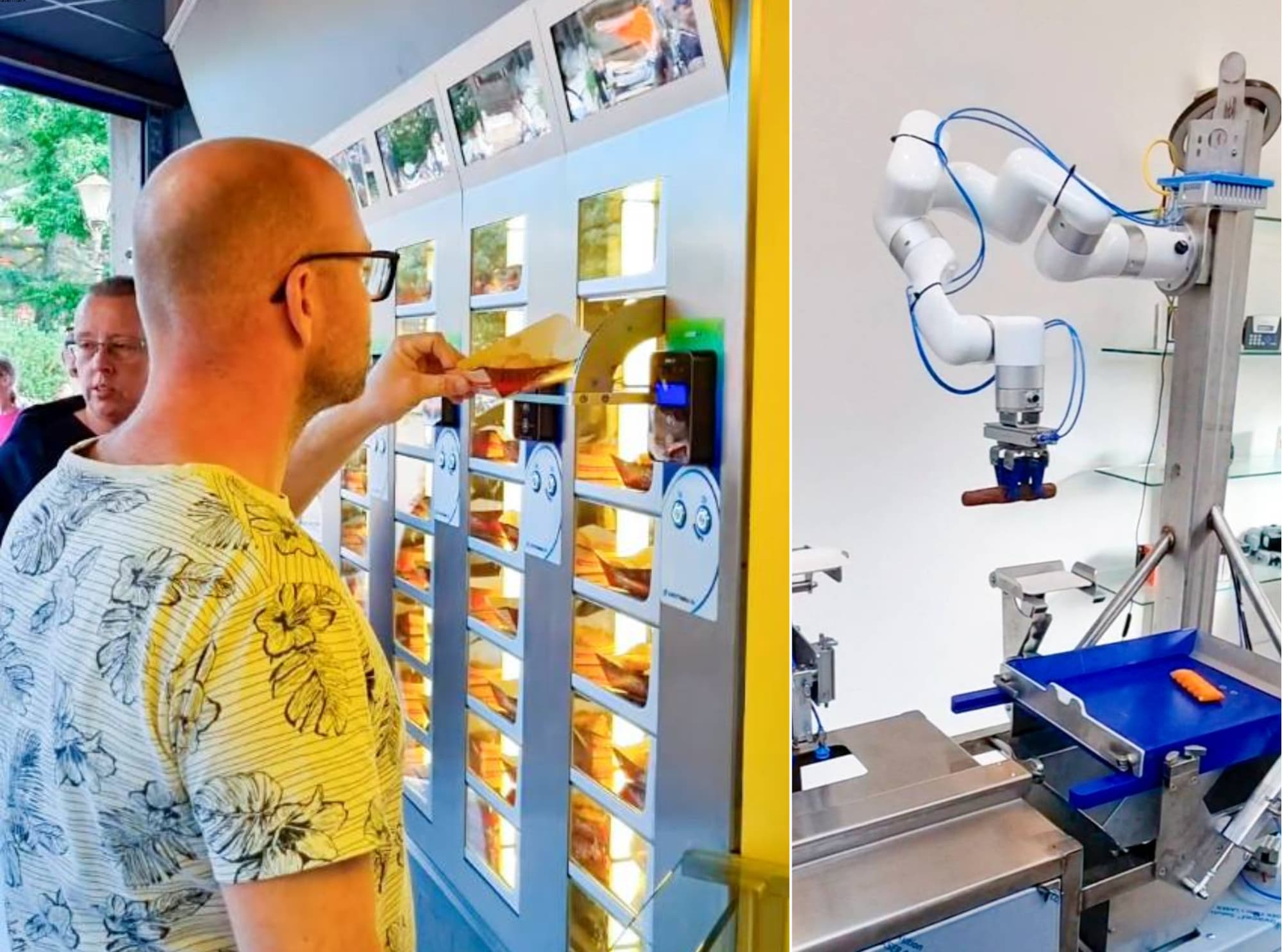Links: De onbemande snackbar Lokettaria. Rechts: De snackrobot van de Lokettaria bakt een frikandel en een kaassoufflé. Lokettaria