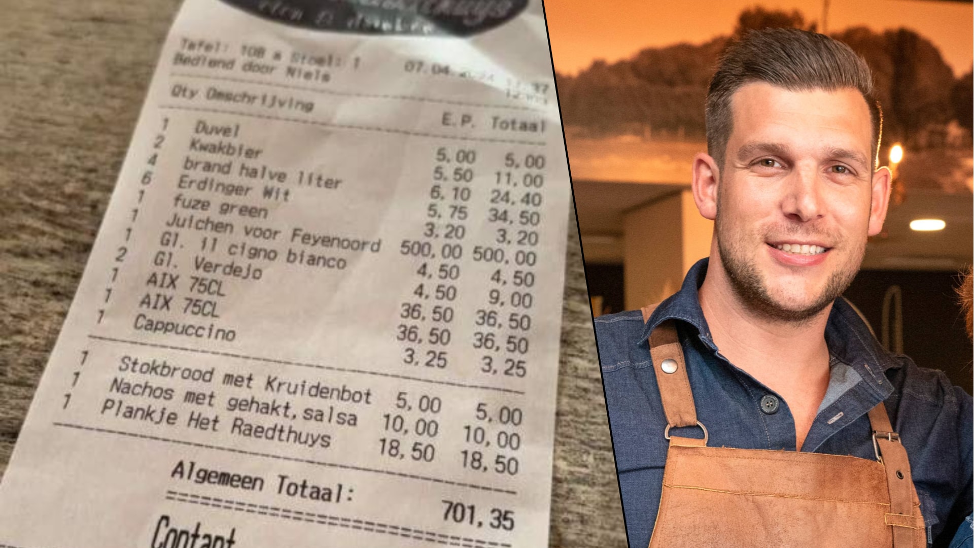 Niels Kuijlen, eigenaar van Het Raedthuys in Hoogerheide, rekent 'Feyenoord-toeslag' voor mensen die voor Feyenoord juichen op zijn terras. Dumpert / Moreno Molenaar/Pix4Profs