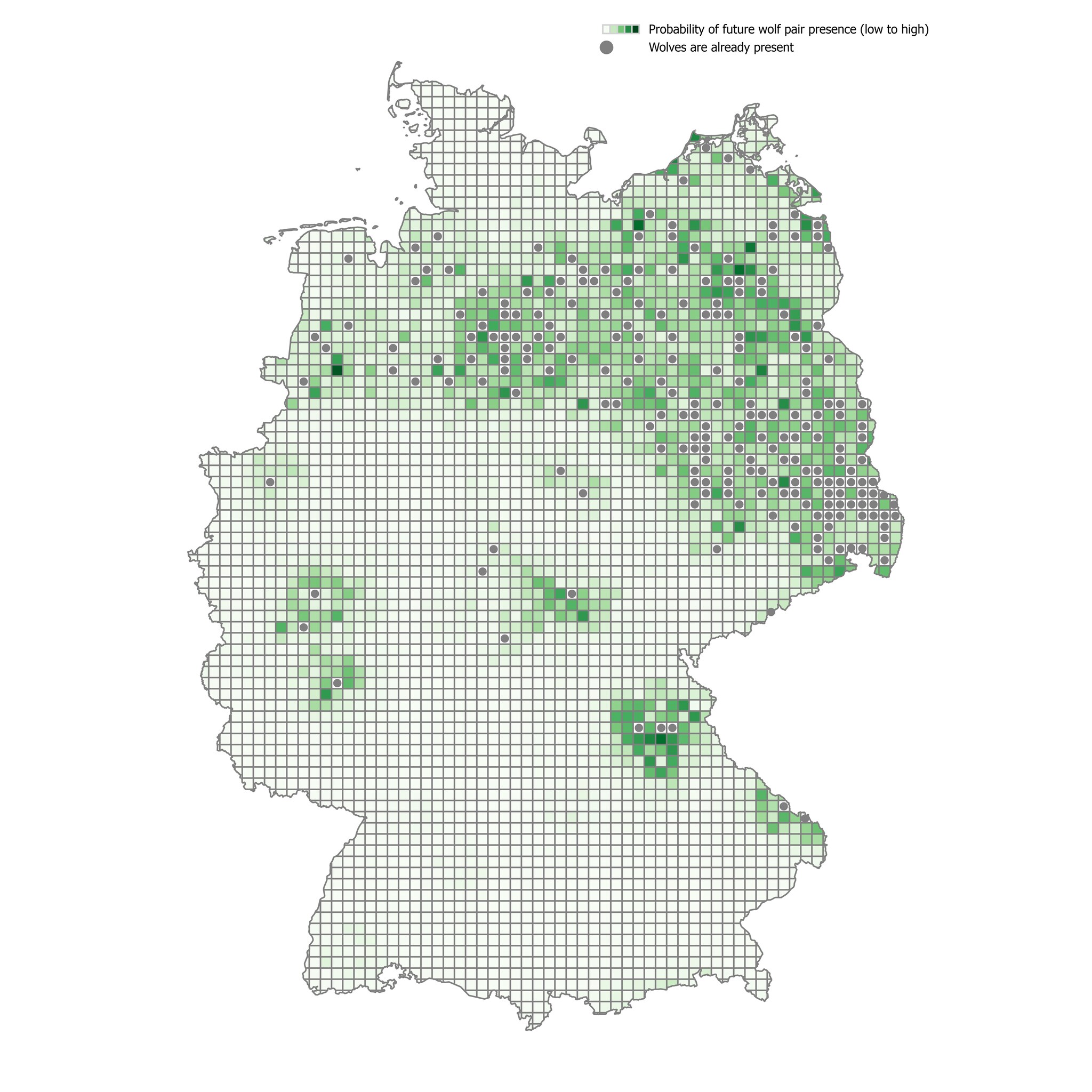Het AI-model van Cmotions rekende in Duitsland al uit waar de wolf zich gaat vestigen. Hoe groener het gebied, hoe groter de kans. Waar grijze stippen staan, is de wolf eerder al gevestigd. Cmotions