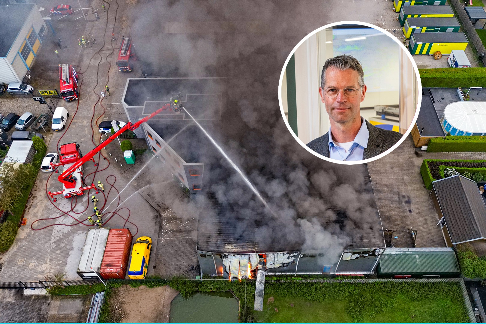 De brand bij ASSET Rail in augustus vorig jaar. Inzetje: algemeen directeur Jorn Pruntel. foto Heitink/inzet Gerard Burgers