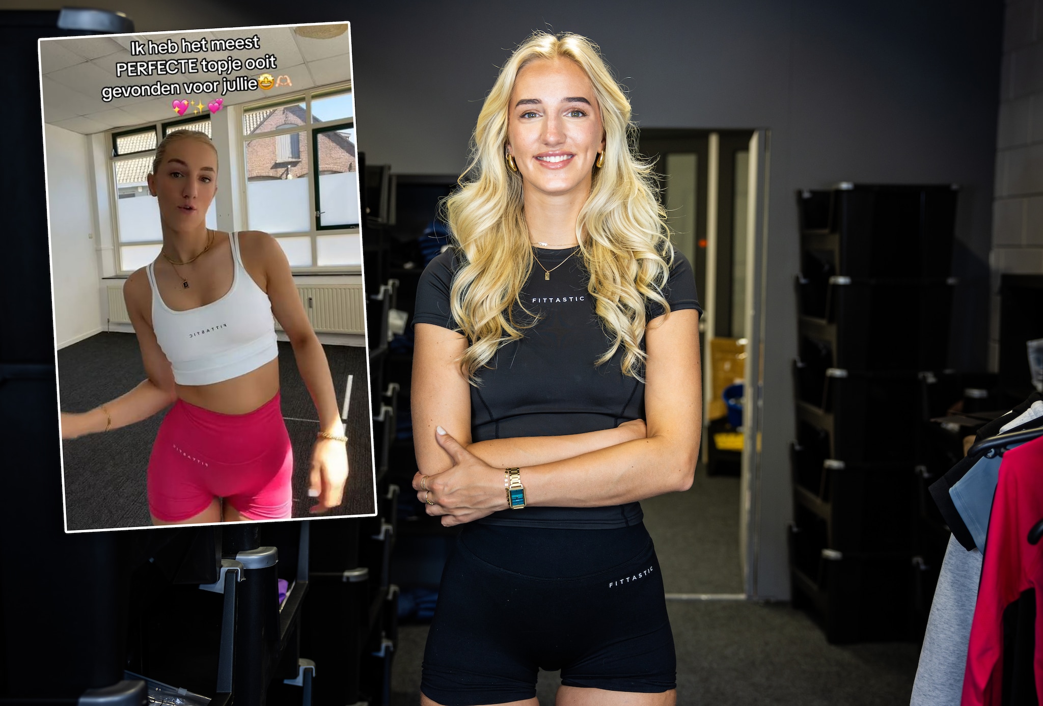 Evita Logtenberg heeft haar eigen sportkledingmerk Fittastic Sportswear. Inzet: haar TikTok Evita Logtenberg heeft haar eigen sportkledingmerk Fittastic Sportswear. Inzet: haar TikTok. Foto: Enzio Ardesch / TikTok