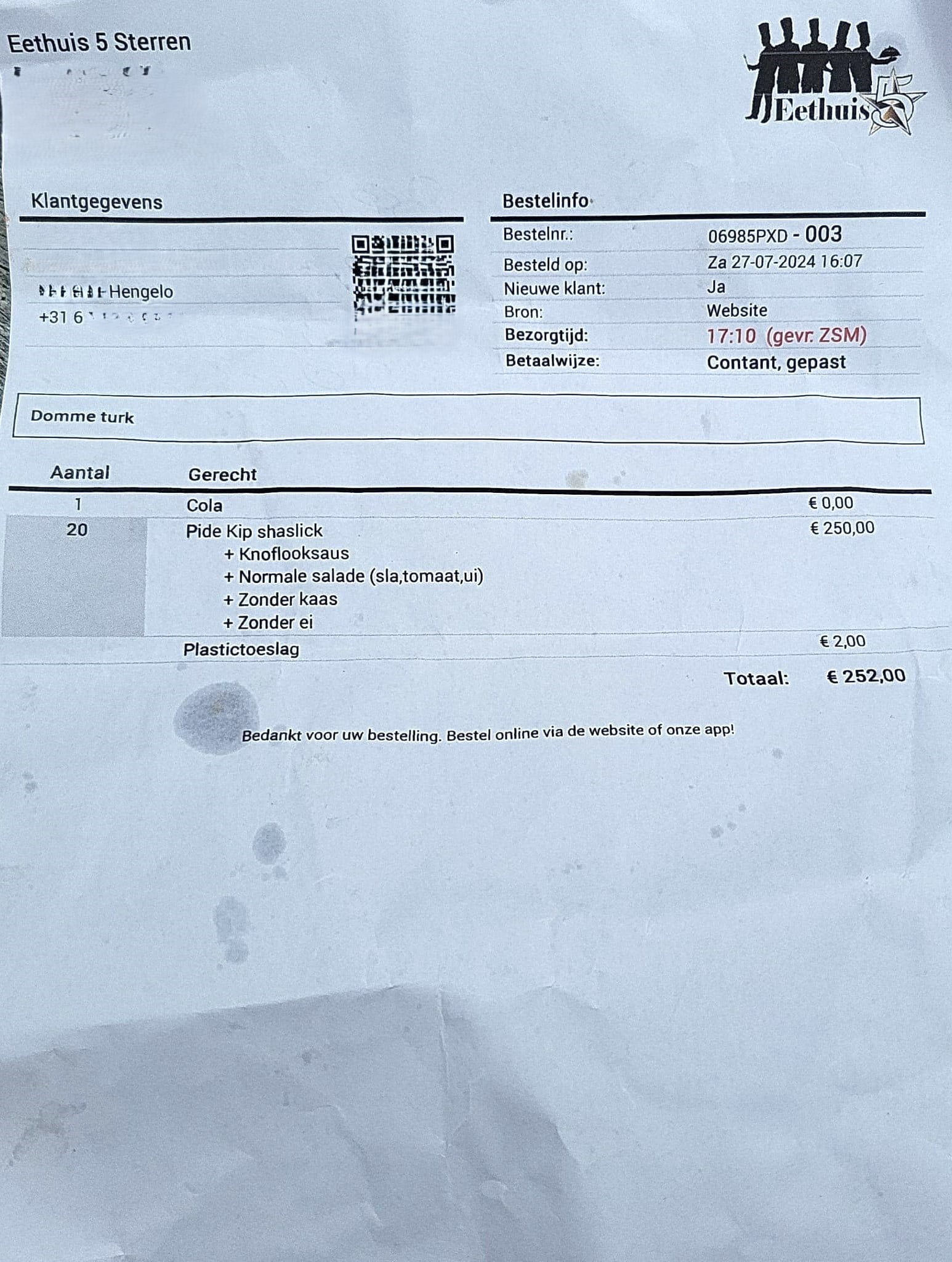 De nepbestelling bij Eethuis 5 Sterren in Hengelo. Tubantia