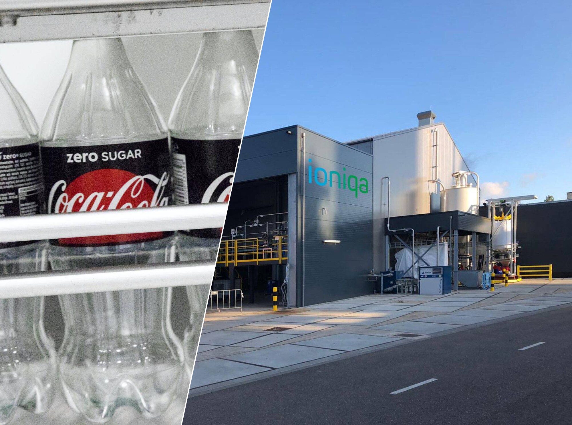 Plastic flessen van Coca-Cola. / De fabriek van Ioniqa in Geleen. Foto: Coca-Cola Nederland / Ioniqa