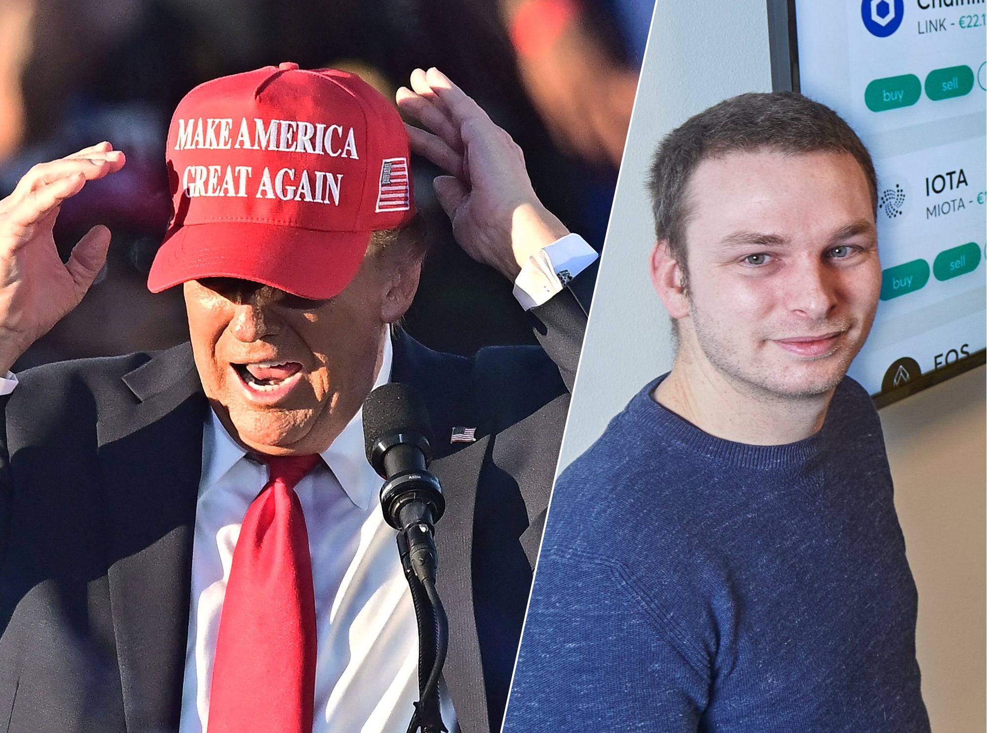 Bram Ceelen (rechts) van Anycoin Direct in Veghel ziet de koersen van cryptomunten alleen maar stijgen nu Donald Trump (links) weer president is. Bram Ceelen van Anycoin Direct ziet de koersen van cryptomunten alleen maar stijgen nu Donald Trump  weer president is. Foto: AFP / Van Assendelft Fotografie