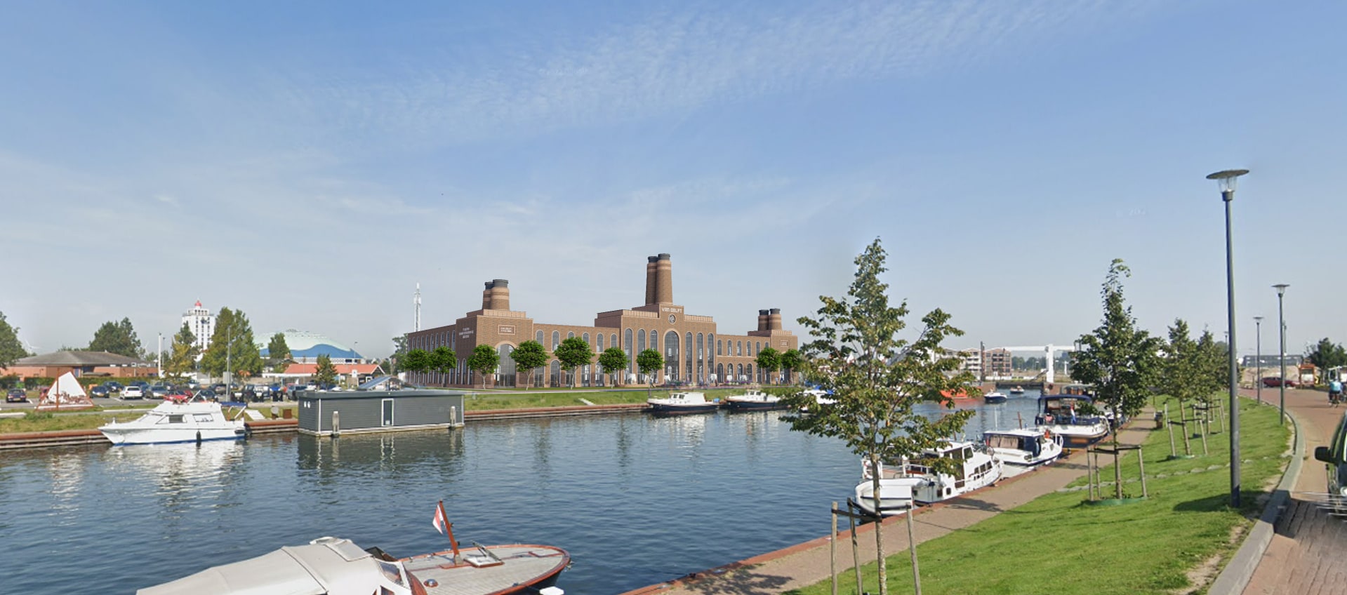 Zicht op de Van Delft Pepernoten Experience Factory vanaf de Strandboulevard Zicht op de Van Delft Pepernoten Experience Factory vanaf de Strandboulevard. Foto: EEvolv3D Harderwijk