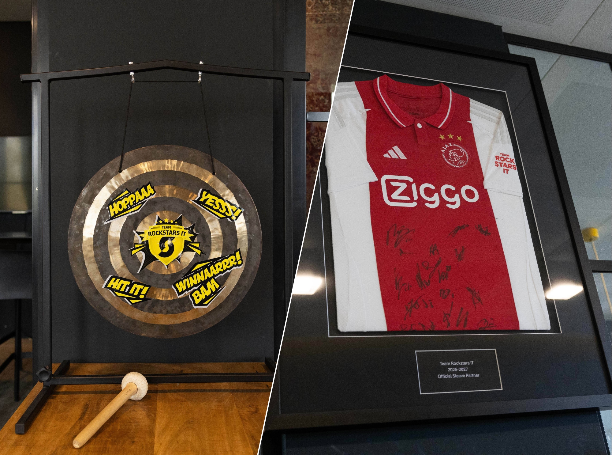 In het kantoor van Team Rockstars IT staat een gong en hangt ook een gesigneerd shirt van Ajax, de club waar het bedrijf vanaf 1 januari op de shirts staat. In het kantoor van Team Rockstars IT staat een gong en hangt ook een gesigneerd shirt van Ajax, de club waar het bedrijf vanaf 1 januari op de shirts staat. Foto: Roel van der Aa