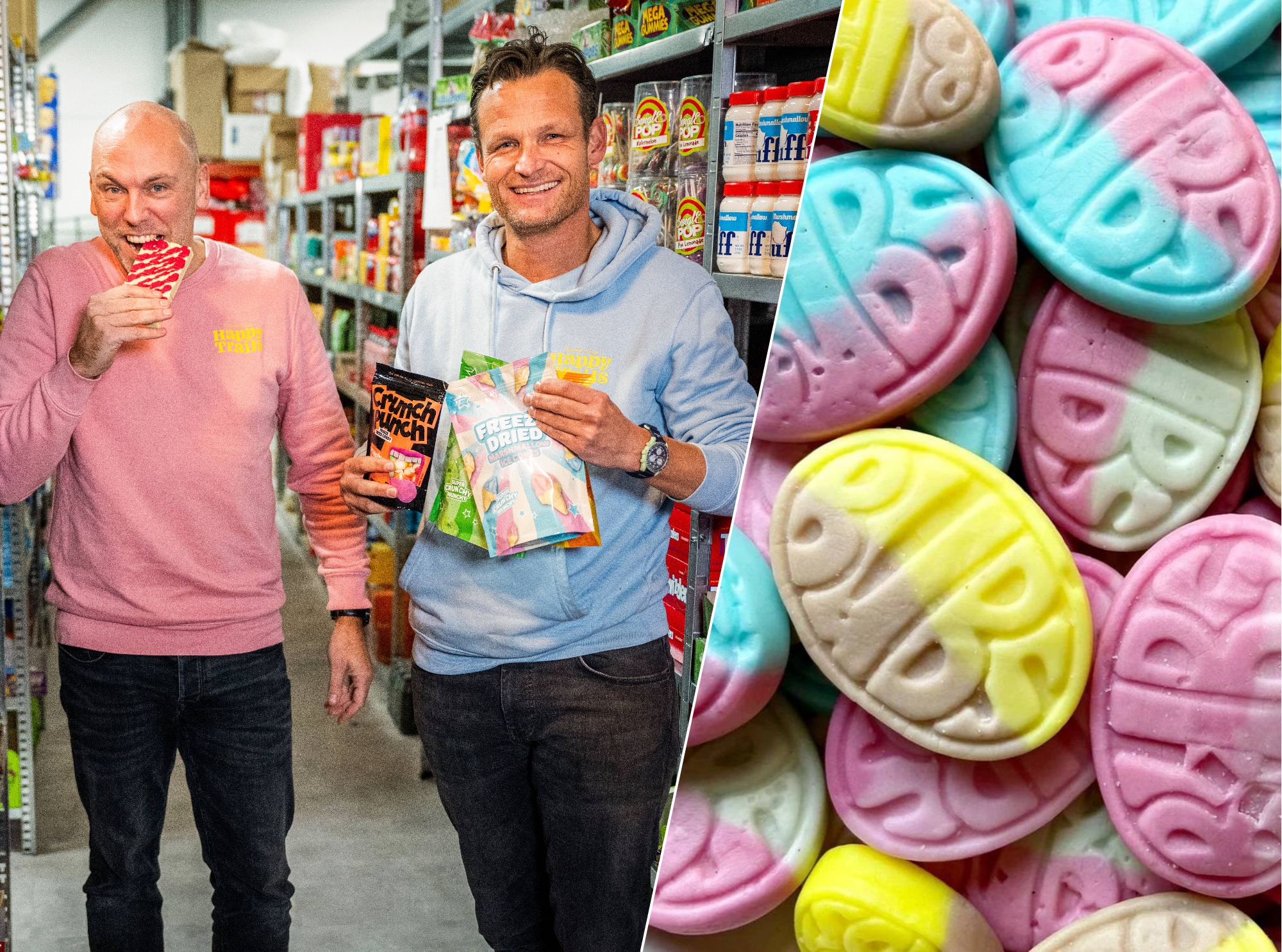 Youri van Slingerland (42) en Olaf Ouwerkerk (44) van webshop Candyfestival zijn meester in het volgen van virale snoepgoedtrends. Foto’s: Frank de Roo/Candyfestival