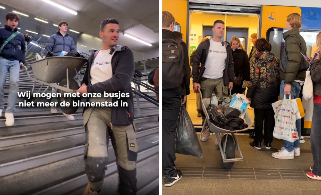 Thijs gaat volle kruiwagen in de trein. Foto: Swipe to Build Thijs gaat volle kruiwagen in de trein. Foto: Swipe to Build
