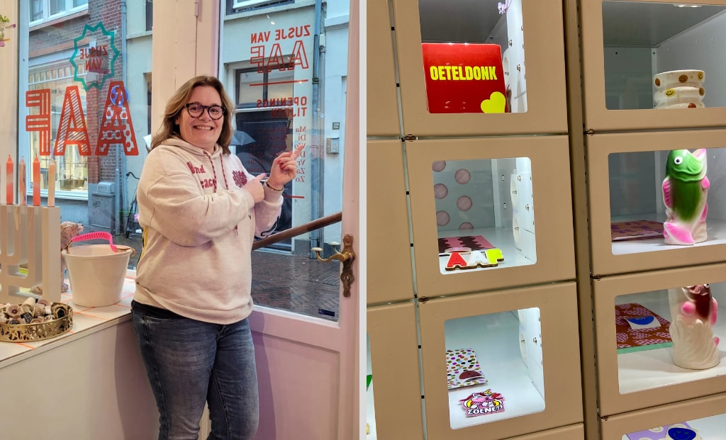 Aafke de Bruijn wijst naar haar automatiek aan de overkant. Aafke de Bruijn wijst naar haar automatiek aan de overkant. Foto: Indebuurt en Olivier Heimel
