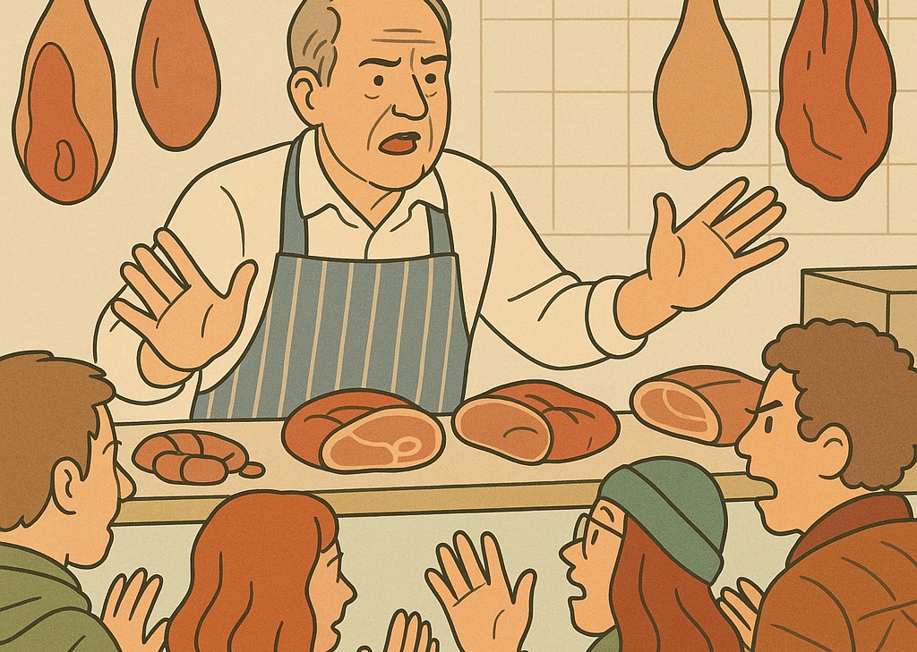 Stroomstoring treft slager. Ook Slager Henk is getroffen door stroomuitval. Zijn vriezer, vitrine, koelce;, boze klanten... wat te doen? Afbeelding: AI.
