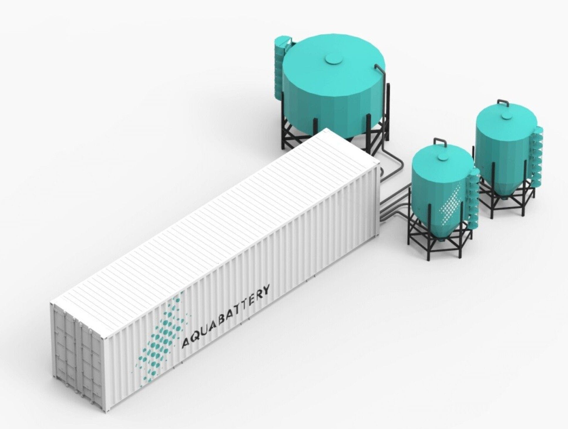 De zoutwaterbatterij slaat stroom op in zout water, met behulp van een container en drie opslagtanks. De zoutwaterbatterij slaat stroom op in zout water, met behulp van een container en drie opslagtanks. Foto: AquaBattery