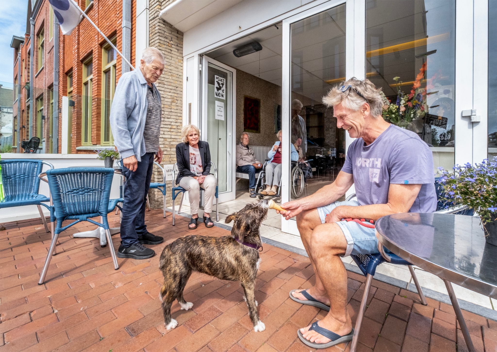 Gré en Aris (l) van ijssalon Aris Laan kijken toe hoe een klant zijn hond een ijsje geeft. Gré en Aris van ijssalon Aris Laan kijken toe hoe een klant zijn hond een ijsje geeft. Foto: Raymond Rutting/de Volkskrant.