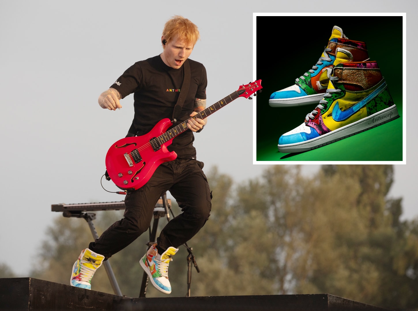 Ed Sheeran trad in Antwerpen op met de schoenen van Vijz. Inzet: De sneakers van dichtbij: maat 45. Mark Surridge en Vince Copier | Ed Sheeran trad in Antwerpen op met de schoenen van Vijz. Inzet: De sneakers van dichtbij: maat 45.