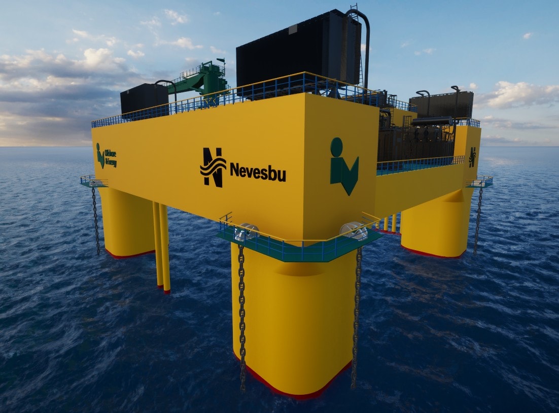 Een beeld van het drijvende transformatorplatform op zee. Dit platform, ontworpen door Nevesbu, zet wat door windmolens wordt opgewekt om in energie die met minimale verliezen naar land kan worden getransporteerd. Een beeld van het drijvende transformatorplatform op zee. Dit platform, ontworpen door Nevesbu, zet wat door windmolens wordt opgewekt om in energie die met minimale verliezen naar land kan worden getransporteerd. Foto: Nevesbu