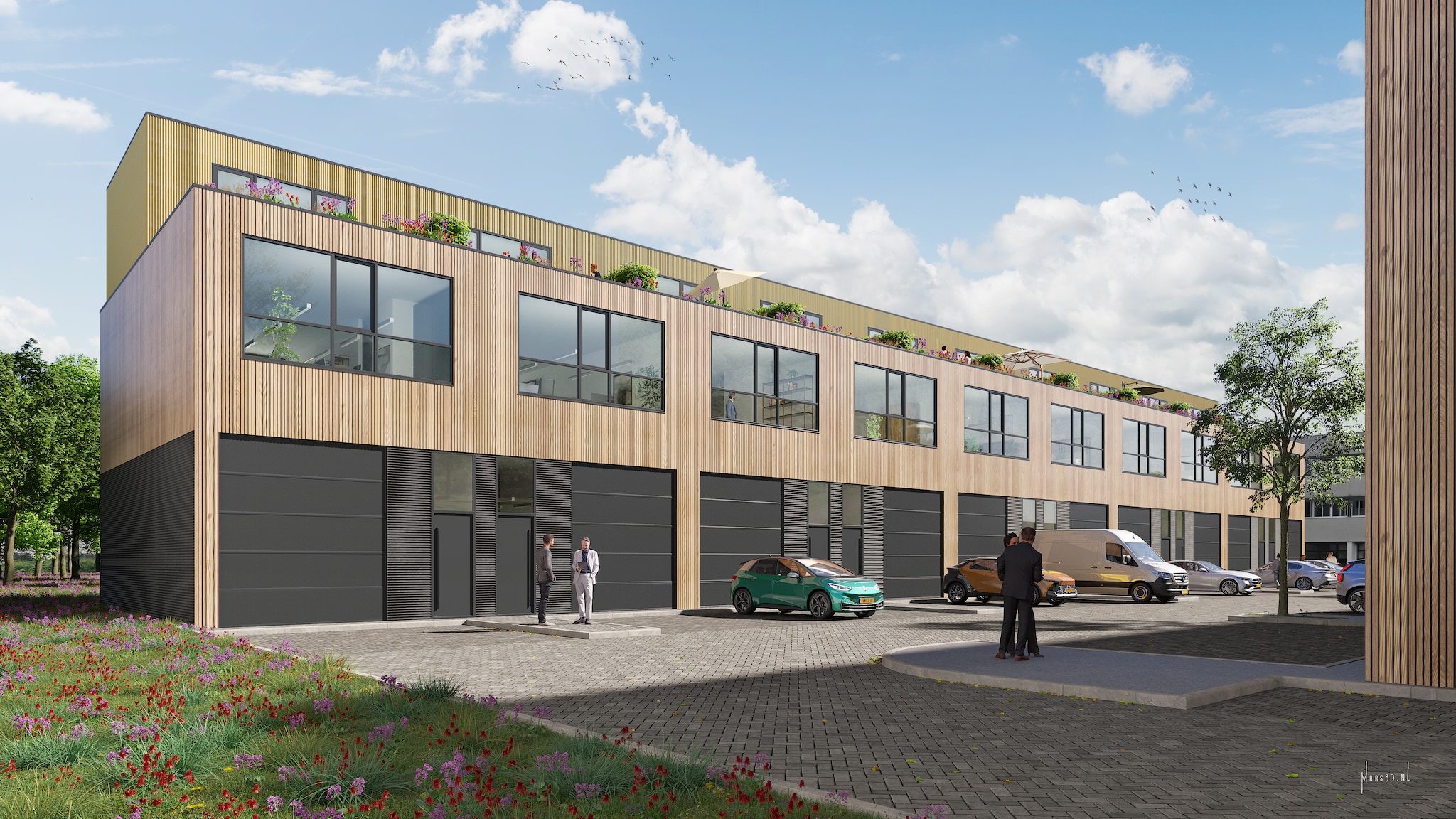 Aan de Savannahweg in Utrecht verrijst Lage Weide Businesspark, een modern bedrijvencomplex van 21 duurzame bedrijfsunits. Lage Weide Businesspark. Beeld: Waltmann Bedrijfshuisvesting