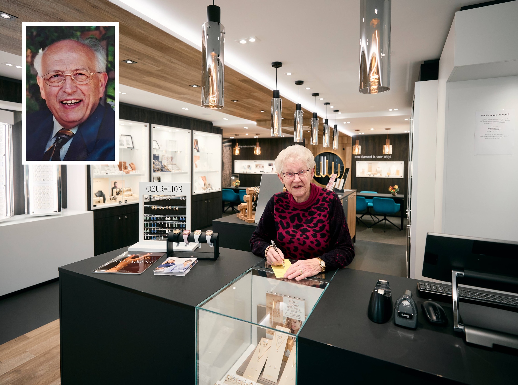 To Wijnen (90) werkt nog altijd in de juwelierszaak die ze 65 jaar geleden met haar man Jozef (inzet) opende. To Wijnen (90) werkt nog altijd in de juwelierszaak die ze 65 jaar geleden met haar man Jozef (inzet) opende. Foto: Thijn Vorstenbosch/DCI Media (inzet privéfoto)