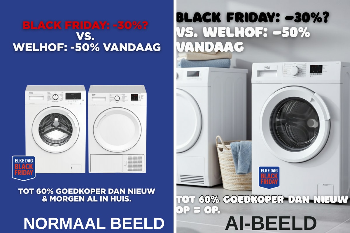 Links het 'normale' beeld en rechts het AI-beeld. Links het 'normale' beeld en rechts het AI-beeld.